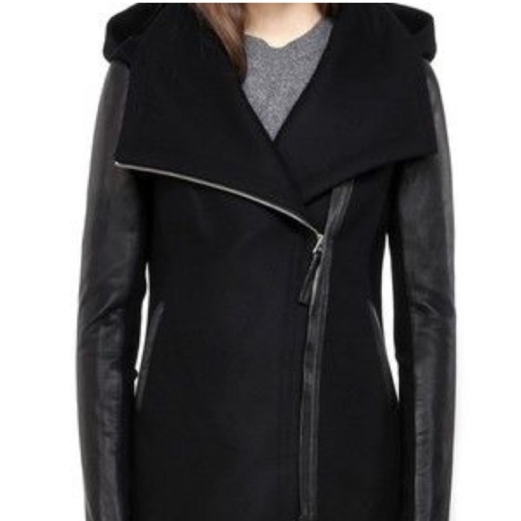 Mackage Odilia Black Wool & leather moto Jacket w/ removable hood XS EUC - Picture 2 of 16